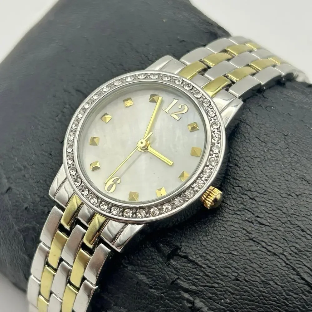 Women’s Two-tone Mother Pearl Gold Studded Dial Watch Working New Battery